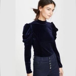 79. MISA Los Angeles Dita Velvet Puffed Long Sleeve Bodysuit, Navy, Size XS.